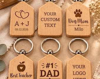 Personalized Wooden Keychain, Custom Laser Engraved Keychain, Wood House Keychain, Custom Logo Keychain, Personalized Gift, Bulk Keychains