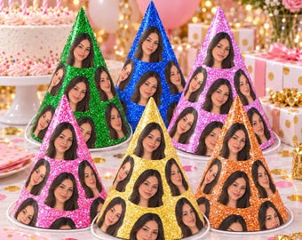 Personalized Glitter Photo Party Hats, Custom Face Birthday Hat, Funny Birthday Party Hat, Custom Photo Party Decor, Birthday Favor