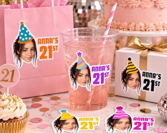 Custom Face Birthday Stickers, Personalized Photo Stickers, Birthday Party Favor Labels, Custom Age & Name Stickers, Die Cut Face Stickers
