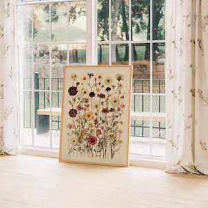 Pressed Wildflowers Art Print, Botanical Herbarium Wall Art, Vintage Dried Meadow Flowers Poster, Ivory and Blush Pressed Flowers Wall Decor image 4