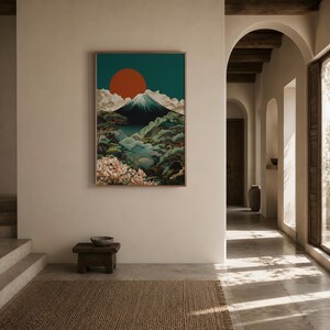 Arte mural del Monte Fuji / Lámina de paisaje Japandi / Póster de puesta de sol japonesa / Obra de arte vintage japonesa / Decoración de flores de cerezo / Lámina Art Déco imagen 2