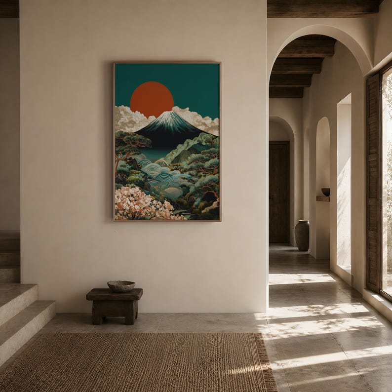 Arte mural del Monte Fuji / Lámina de paisaje Japandi / Póster de puesta de sol japonesa / Obra de arte vintage japonesa / Decoración de flores de cerezo / Lámina Art Déco imagen 2