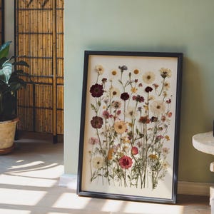 Pressed Wildflowers Art Print, Botanical Herbarium Wall Art, Vintage Dried Meadow Flowers Poster, Ivory and Blush Pressed Flowers Wall Decor image 2