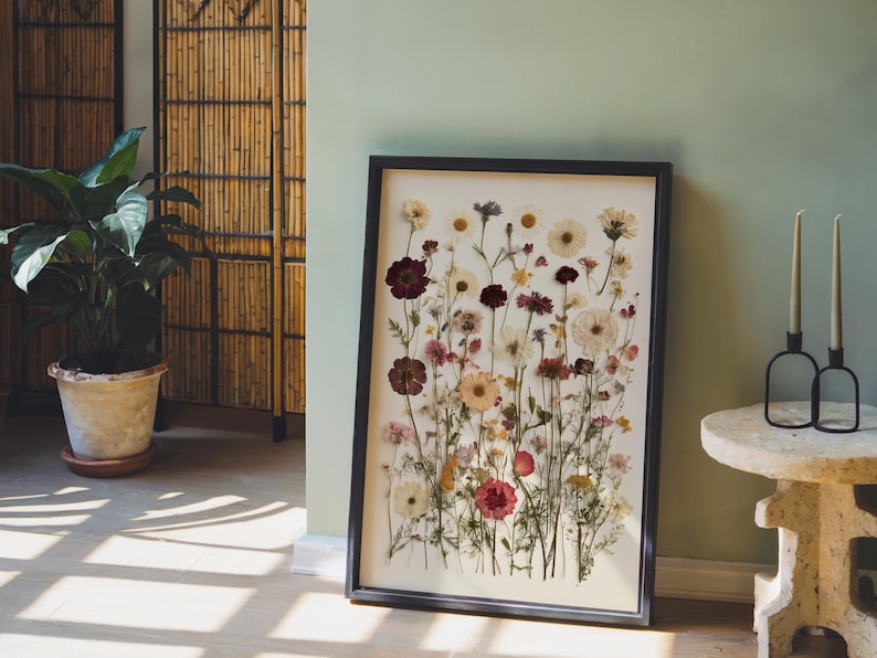 Pressed Wildflowers Art Print, Botanical Herbarium Wall Art, Vintage Dried Meadow Flowers Poster, Ivory and Blush Pressed Flowers Wall Decor image 2