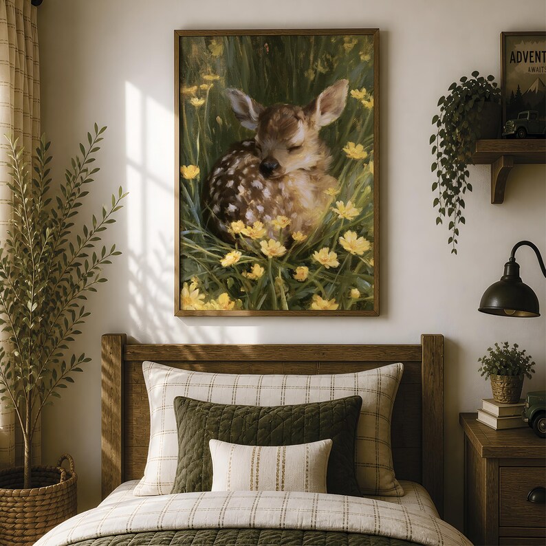 Sleeping Spotted Fawn in Buttercups Print, Baby Deer Nursery Wall Art ...