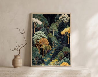 Lámina del bosque de Kioto, arte mural japonés del bosque, arte mural botánico japonés, póster vintage de naturaleza, arte mural japonés, decoración Dark Academia.