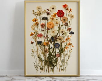 May include: A rectangular wall art piece featuring a collection of pressed dried wildflowers in shades of red, orange, yellow, white, and blue, arranged vertically within a thin, metallic gold frame against a cream-colored background.