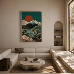 Arte mural del Monte Fuji / Lámina de paisaje Japandi / Póster de puesta de sol japonesa / Obra de arte vintage japonesa / Decoración de flores de cerezo / Lámina Art Déco imagen 4