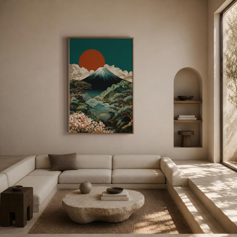 Arte mural del Monte Fuji / Lámina de paisaje Japandi / Póster de puesta de sol japonesa / Obra de arte vintage japonesa / Decoración de flores de cerezo / Lámina Art Déco imagen 4