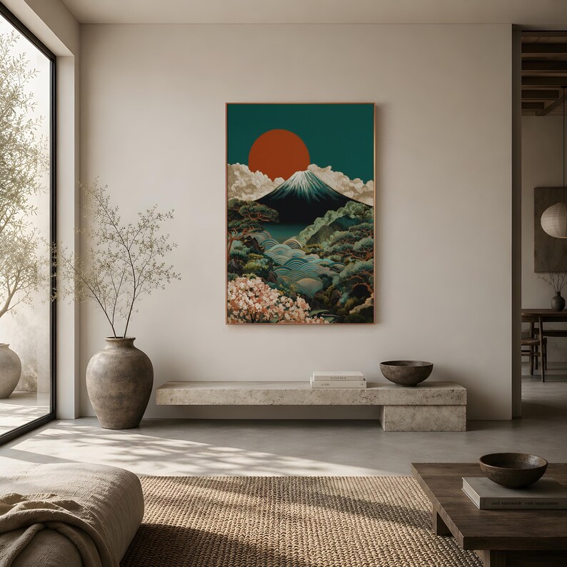 Arte mural del Monte Fuji / Lámina de paisaje Japandi / Póster de puesta de sol japonesa / Obra de arte vintage japonesa / Decoración de flores de cerezo / Lámina Art Déco imagen 5