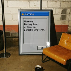May include: A framed rectangular print featuring a digital pop-up window with a blue header and a yellow warning icon. The text reads: Warning: Battery level critical on portable CD player. Below the text is a grey button labelled OK.