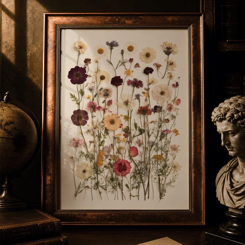 Pressed Wildflowers Art Print, Botanical Herbarium Wall Art, Vintage Dried Meadow Flowers Poster, Ivory and Blush Pressed Flowers Wall Decor image 6