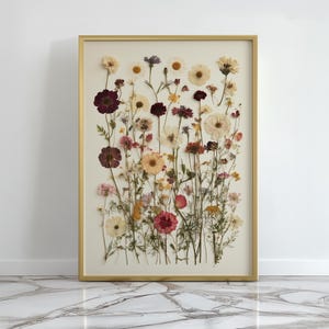 Pressed Wildflowers Art Print, Botanical Herbarium Wall Art, Vintage Dried Meadow Flowers Poster, Ivory and Blush Pressed Flowers Wall Decor image 1