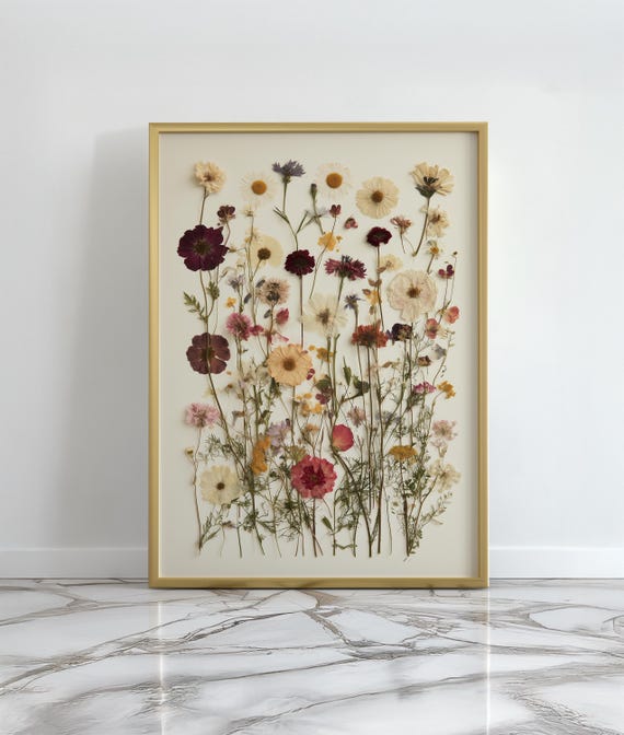 Pressed Wildflowers Print, Botanical Herbarium Wall Art, Vintage Dried Meadow Flowers Poster, Ivory and Blush Pressed Flowers Wall Art Decor