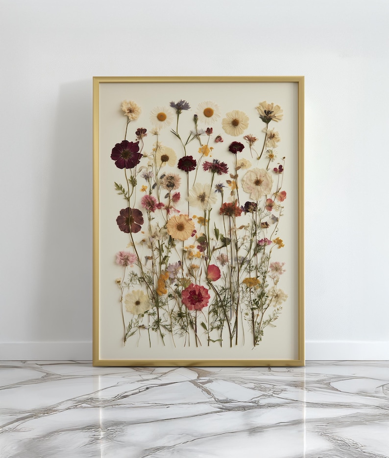 Pressed Wildflowers Art Print, Botanical Herbarium Wall Art, Vintage Dried Meadow Flowers Poster, Ivory and Blush Pressed Flowers Wall Decor image 1