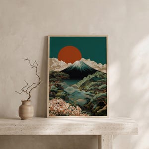 Arte mural del Monte Fuji / Lámina de paisaje Japandi / Póster de puesta de sol japonesa / Obra de arte vintage japonesa / Decoración de flores de cerezo / Lámina Art Déco imagen 1