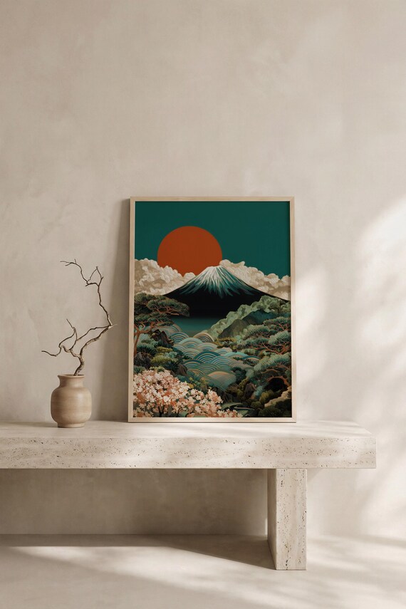 Mount Fuji Wall Art | Japandi Landscape Print | Japanese Sunset Poster | Vintage Japan Artwork | Cherry Blossom Decor | Art Deco Print
