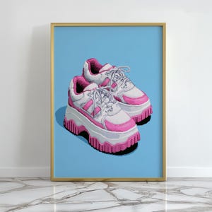 Pixel Art Platform Trainers Print, Chunky White Pink Sneakers Y2K 2000s Wall Art, Retro Gaming Teen Bedroom Dorm Room Decor
