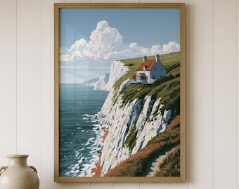 Kunstdruck „Klippenhaus“, Wandbild im Vintage-Stil der 1930er Jahre mit weißen Kreidefelsen, Küstenmotiv, Poster „Englische Küste“, Dekoration für Flur oder Strandhaus