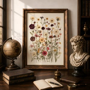 Pressed Wildflowers Art Print, Botanical Herbarium Wall Art, Vintage Dried Meadow Flowers Poster, Ivory and Blush Pressed Flowers Wall Decor image 5