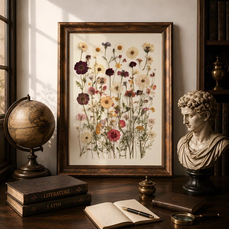 Pressed Wildflowers Art Print, Botanical Herbarium Wall Art, Vintage Dried Meadow Flowers Poster, Ivory and Blush Pressed Flowers Wall Decor image 5