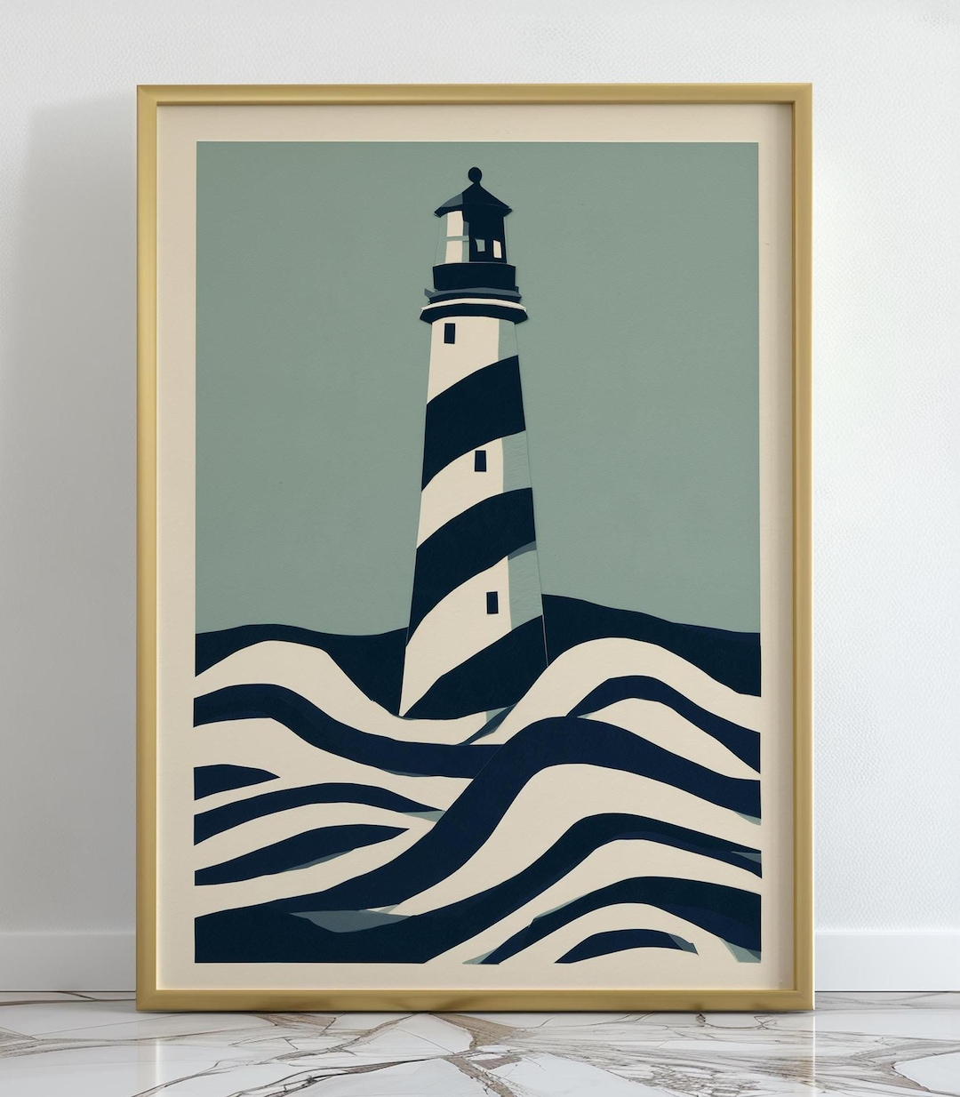 Striped Lighthouse Print, Navy Paper Cut Coastal Wall Art, Sage Green ...