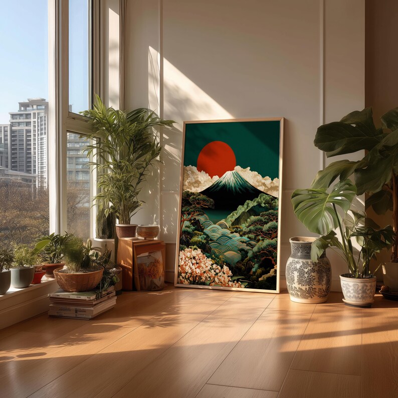 Arte mural del Monte Fuji / Lámina de paisaje Japandi / Póster de puesta de sol japonesa / Obra de arte vintage japonesa / Decoración de flores de cerezo / Lámina Art Déco imagen 3