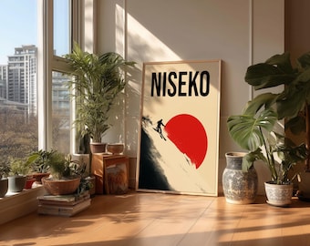 Póster de esquí de Niseko, póster vintage de Niseko, póster de esquí alpino, lámina japonesa minimalista, arte mural japonés, póster de cabaña de esquí, arte mural de Niseko