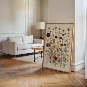 Pressed Wildflowers Art Print, Botanical Herbarium Wall Art, Vintage Dried Meadow Flowers Poster, Ivory and Blush Pressed Flowers Wall Decor image 3