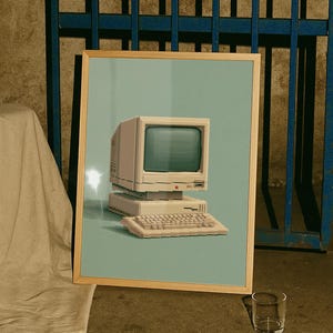 Pixel Art Retro Computer Print, Beige CRT Monitor Keyboard Y2K Wall Art, 2000s Vintage Tech Office Bedroom Dorm Room Decor