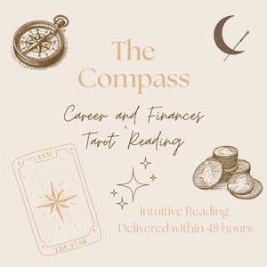 Może przedstawiać: Ilustracja dla serwisu wróżbiarskiego "The Compass". Obraz przedstawia kompas, kartę tarota z gwiazdą, monety oraz tekst "Career and Finances Tarot Reading" i "Intuitive Reading Delivered within 48 hours."