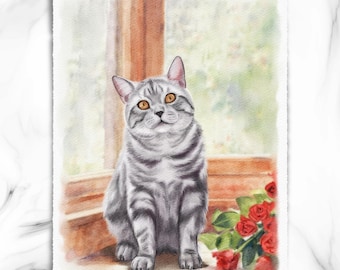 Retrato de gato en acuarela pintado a mano al 100%, pintura personalizada de mascotas a partir de una foto, regalo conmemorativo para gatos, regalo para quienes han perdido a una mascota, regalo para amantes de los animales.