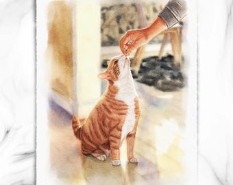 Custom Watercolor Cat Portrait, Hand-Painted Pet Memorial Art