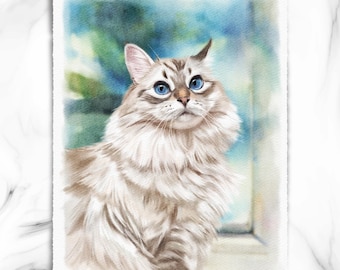 Custom Pet Portrait from Photo, Watercolor Painting, Cat Memorial Gift
