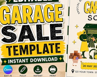 Editable Poster Template, Vintage Green Yellow Flyer (Instant Download)