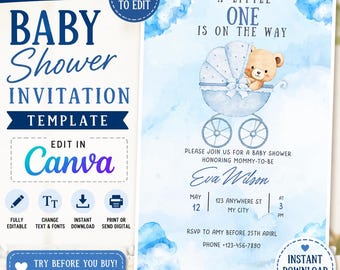 Editable Baby Shower Invitation Template, Blue Teddy Bear Boy Invite (Digital Download)