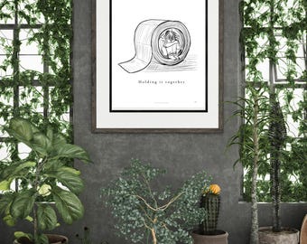 Emotional Line Art Print, Person in Paper Roll, Minimalist Wall Art (Digital Download)