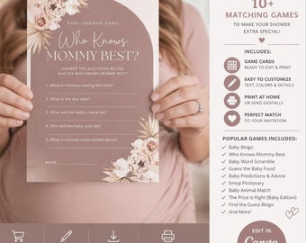 Boho Baby Shower Games Bundle, Editable Invitation Template, Printable Party Pack (Digital Download)