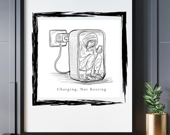 Hand-Drawn Modern Life Line Art Print, Charging Person Illustration (Digital Download)