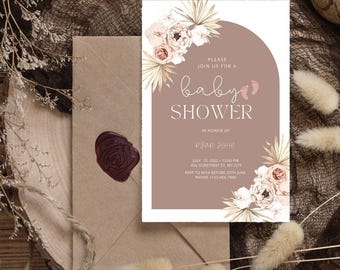 Boho Floral Baby Shower Invitation Template, Pink Neutral Girl Invite (Instant Download)