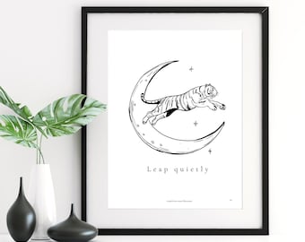 Tiger Moon Line Art Print, Dreamy Illustration (Digital Download)