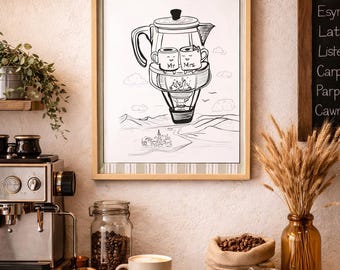 Mr. and Mrs. Coffee Art Print: Hand-Drawn Minimalist Kitchen Decor (8x10 Digital Download)