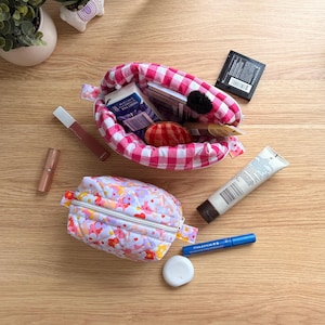 Handmade Makeup Bag | Travel Organizer | Quilted | Blossom Floral | Pink Gingham | Zipper Pouch | Rustic