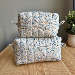 Handmade Makeup Bag | Travel Organizer | Quilted | Blue Floral | Yellow Polka Dots | Zipper Pouch | Gifts for her