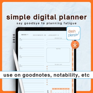 May include: A digital planner on a tablet, with a stylus. The screen displays a weekly layout with sections for priorities, notes, and a to-do list. Text includes "simple digital planner" and "use on goodnotes, notability, etc."