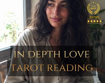 May include: A person with long dark wavy hair wearing a beige linen shirt, holding a ceramic mug. The image features the text "IN DEPTH LOVE TAROT READING" in gold lettering and a "THE BEST RATING" badge with five stars in the upper right corner.