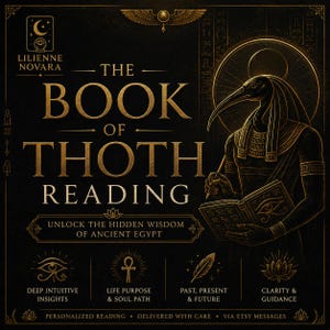 Op de afbeelding: Een zwart-gouden afbeelding met de tekst THE BOOK OF THOTH READING en UNLOCK THE HIDDEN WISDOM OF ANCIENT EGYPT. Een illustratie van de godheid Thoth met een ibiskop houdt een boek vast. Iconen zijn een oog, een ankh, een veer en een lotus.