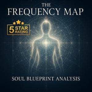 May include: A digital illustration with the text "THE FREQUENCY MAP" and "SOUL BLUEPRINT ANALYSIS". A glowing human figure is centered, overlaid on a geometric pattern. A "5 STAR RATING" badge is in the upper left corner. The background is a dark blue.
