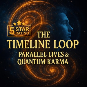 May include: A digital graphic with the title "THE TIMELINE LOOP" in gold lettering, with the tagline "PARALLEL LIVES & QUANTUM KARMA." A "5 STAR RATING" badge is in the upper left corner, and a man's profile is on the right.