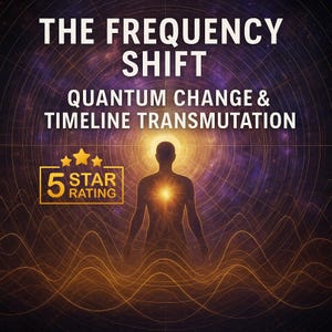 May include: An artistic digital graphic with the text "THE FREQUENCY SHIFT" and "QUANTUM CHANGE & TIMELINE TRANSMUTATION". A silhouette of a person is centered, with a glowing light emanating from the chest. A gold "5 STAR RATING" badge is in the lower left.